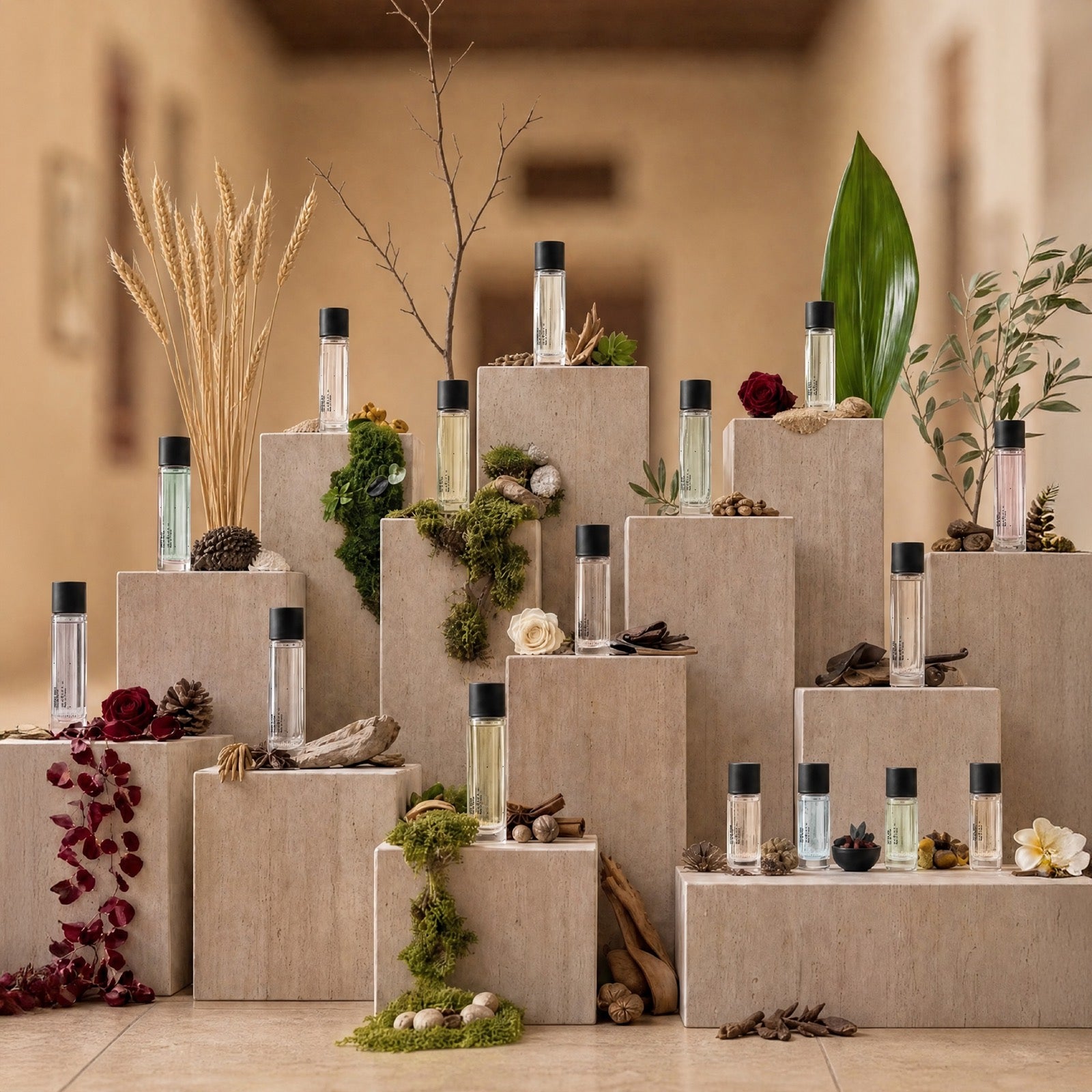 mubkhar Eaux de Parfum arranged on travertine podiums in a courtyard